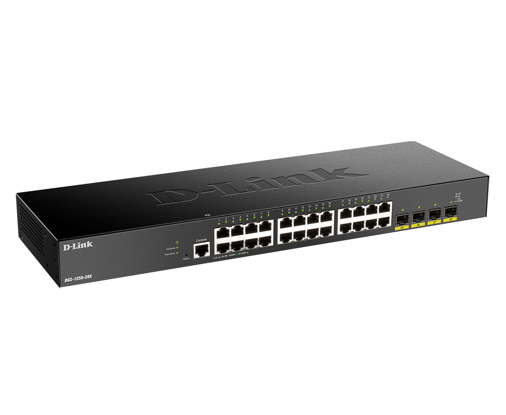 D-Link DGS-1250-28X 28-Port Smart Managed Switch with 10 Gigabit Uplinks | 24 Gigabit Ethernet Ports | 4 x 10G SFP+ ports D-Link DGS-1250-28X 28-Port Smart Managed Switch with 10 Gigabit Uplinks | 24 Gigabit Ethernet Ports | 4 x 10G SFP+ ports